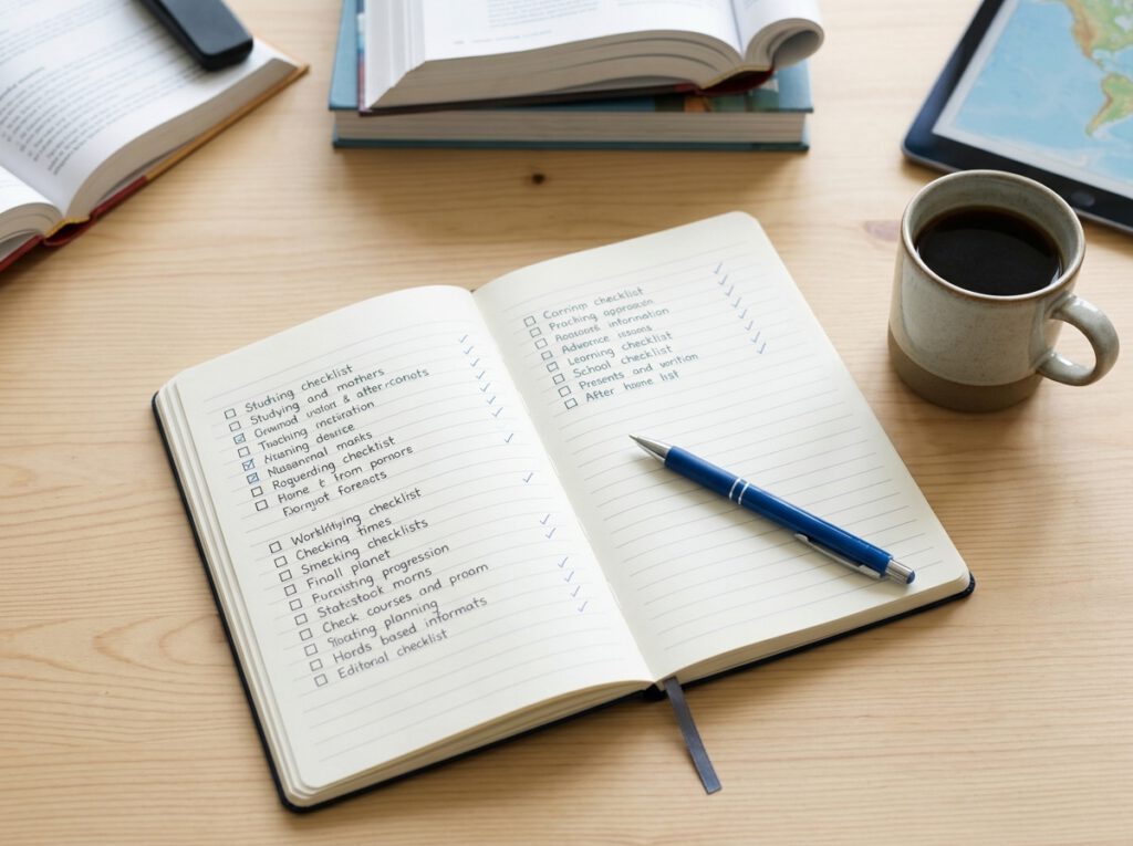 Ein aufgeschlagenes Notizbuch mit einem Stift liegt neben einer Kaffeetasse und Büchern auf einem Schreibtisch
