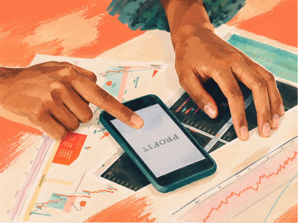 Illustration von zwei Händen, die auf ein Smartphone und Papiere mit Diagrammen zeigen