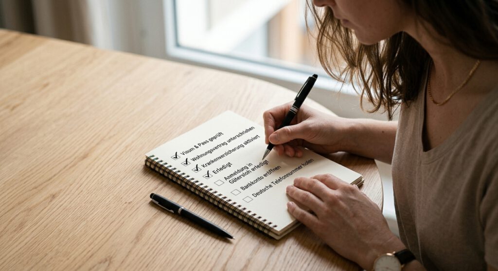 Eine Person schreibt mit einem Stift in ein Notizbuch auf einem Holztisch