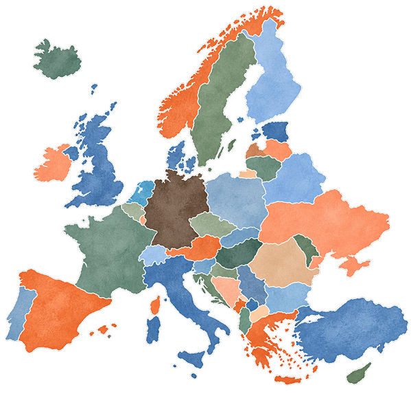 Aquarellkarte von Europa mit farbig unterschiedenen Ländern, Deutschland ist dunkelbraun hervorgehoben