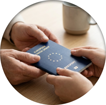 Zwei Personen halten gemeinsam einen blauen europäischen Reisepass über einem Holztisch