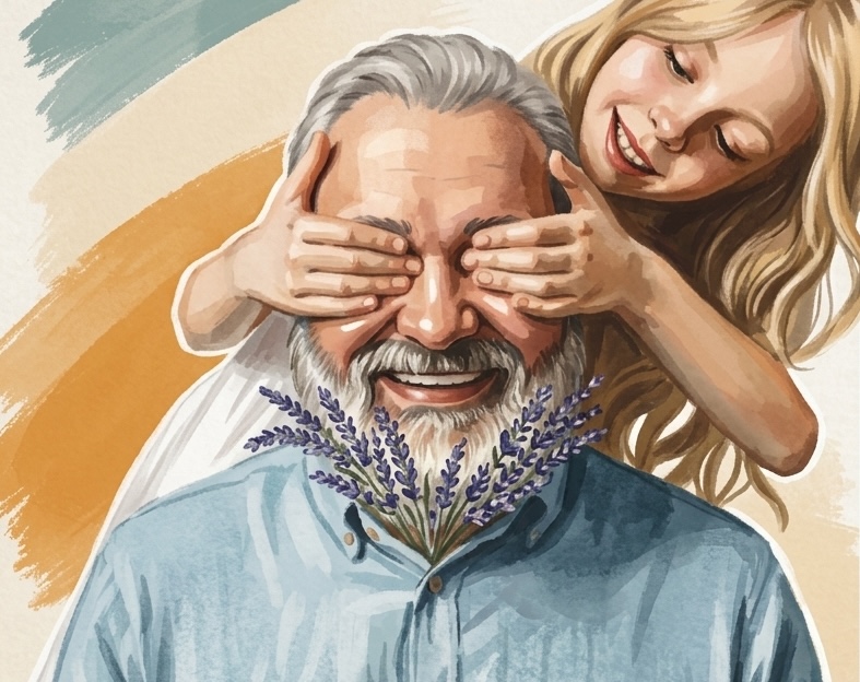 Illustration wie das junge Mädchen ihrem Großvater von hinten die Augen zuhält beide lachen