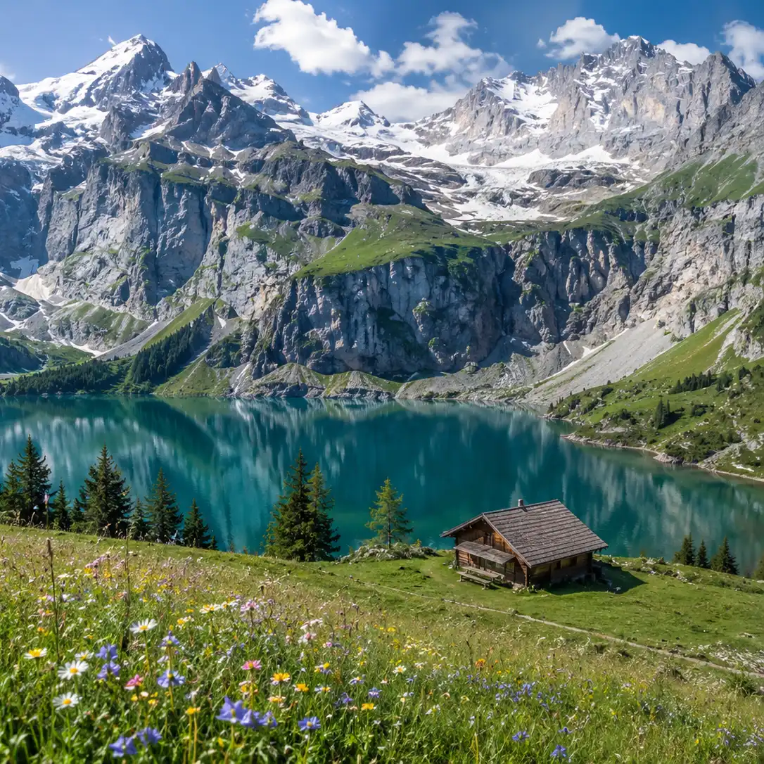 Türkisfarbener Alpensee vor schneebedeckten Bergen in der Schweiz